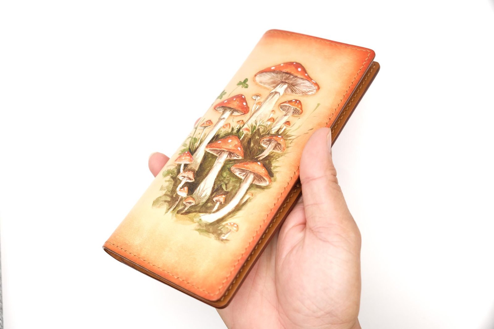 Hand-Carved Leather Long Wallet with Mushrooms – Forest-Inspired Leather Clutch – Botanical Fungi Wallet - Image 3