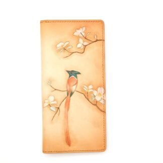 Hand-Tooled Leather Long Wallet with Bird and Blossoms – Handmade Leather Wallet with Long-Tailed Bird