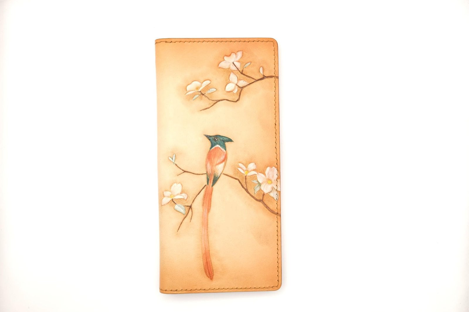 Hand-Tooled Leather Long Wallet with Bird and Blossoms – Handmade Leather Wallet with Long-Tailed Bird