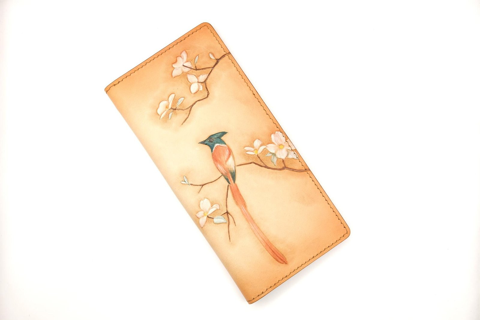 Hand-Tooled Leather Long Wallet with Bird and Blossoms – Handmade Leather Wallet with Long-Tailed Bird - Image 3