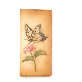 Hand-Tooled – Handmade Leather Long Wallet with Butterfly and Camellia – Nature-Inspired Butterfly Wallet