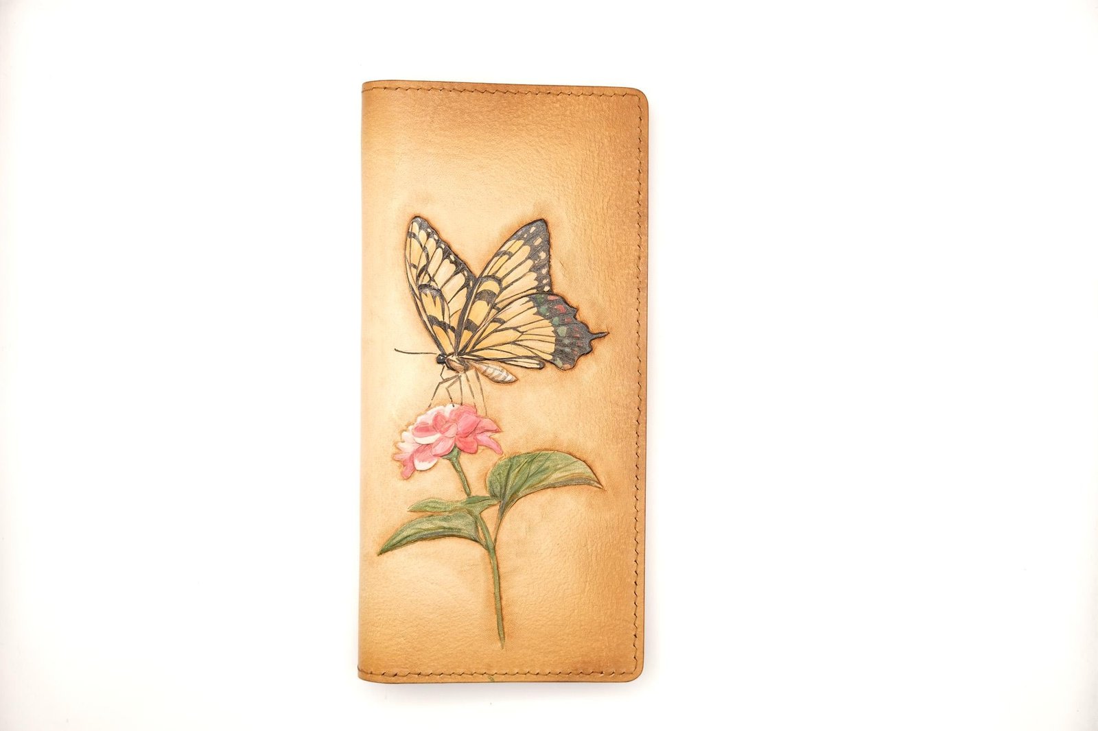 Hand-Tooled – Handmade Leather Long Wallet with Butterfly and Camellia – Nature-Inspired Butterfly Wallet