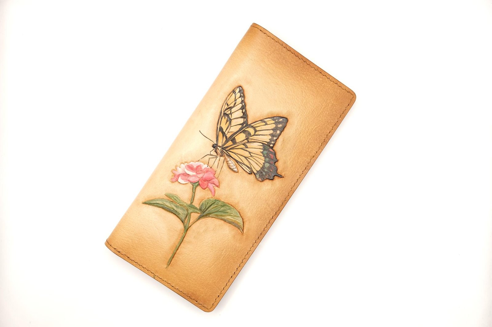 Hand-Tooled – Handmade Leather Long Wallet with Butterfly and Camellia – Nature-Inspired Butterfly Wallet - Image 2