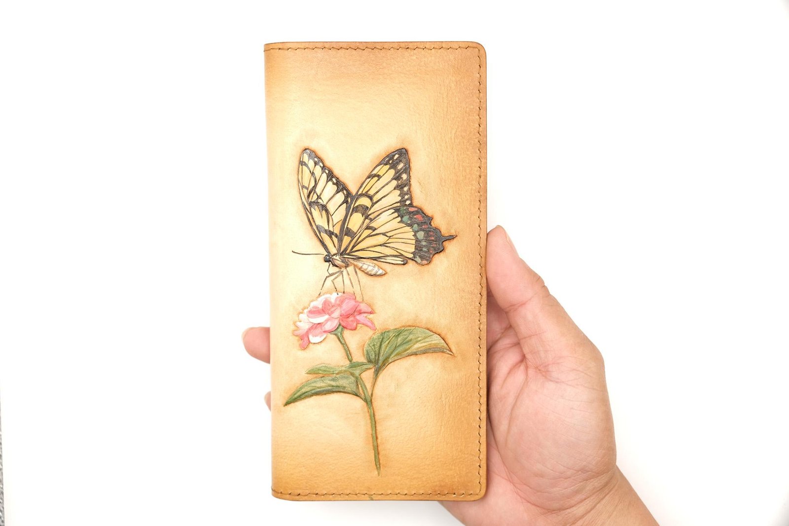 Hand-Tooled – Handmade Leather Long Wallet with Butterfly and Camellia – Nature-Inspired Butterfly Wallet - Image 6