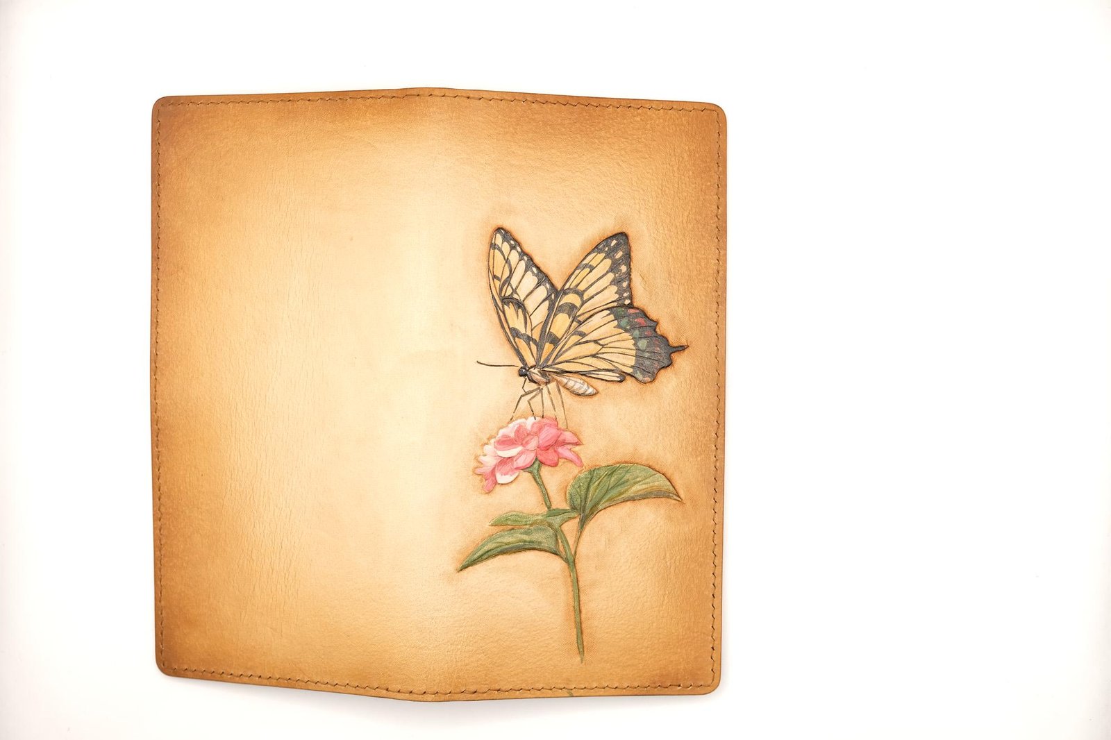 Hand-Tooled – Handmade Leather Long Wallet with Butterfly and Camellia – Nature-Inspired Butterfly Wallet - Image 8