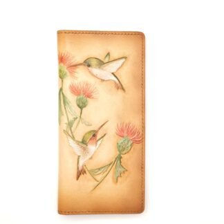 Hand-Tooled Leather Long Wallet with Hummingbirds and Thistle – Handmade Gift for Nature Lovers
