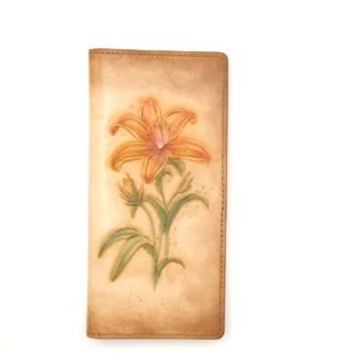 Hand-Tooled Leather Long Wallet with Orange Lily – Botanical Leather Clutch – Handmade Nature Gift for Her