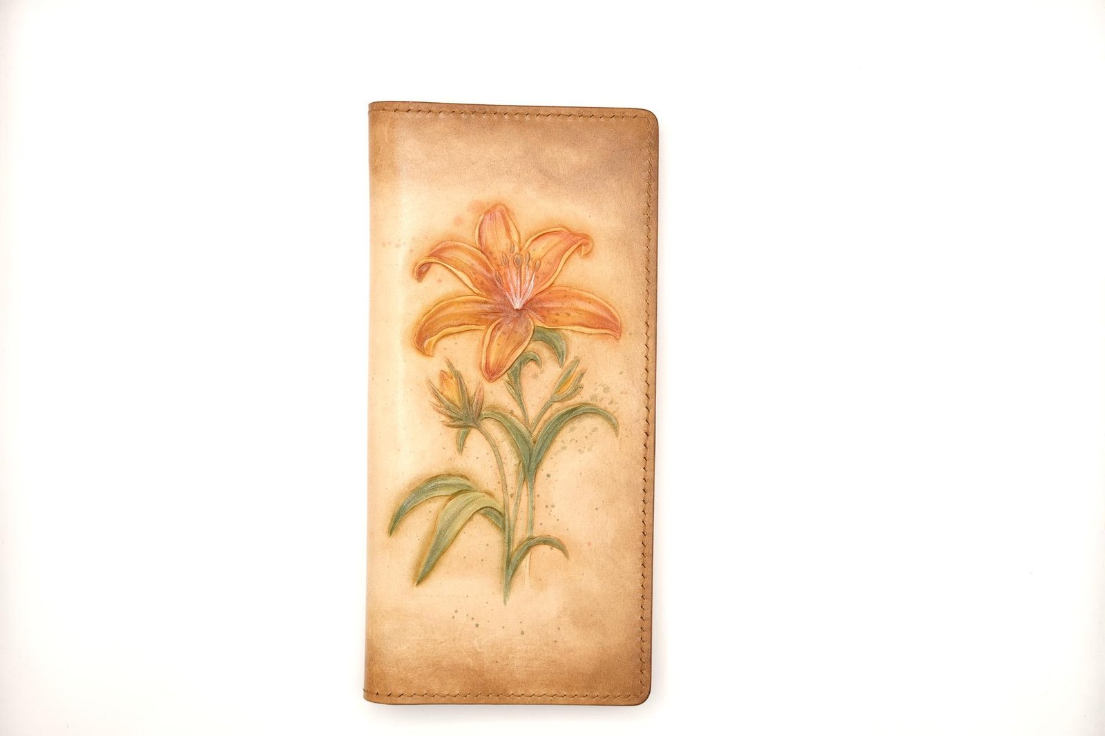 Hand-Tooled Leather Long Wallet with Orange Lily – Botanical Leather Clutch – Handmade Nature Gift for Her