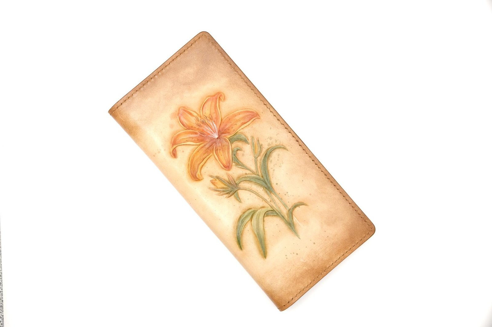 Hand-Tooled Leather Long Wallet with Orange Lily – Botanical Leather Clutch – Handmade Nature Gift for Her - Image 2
