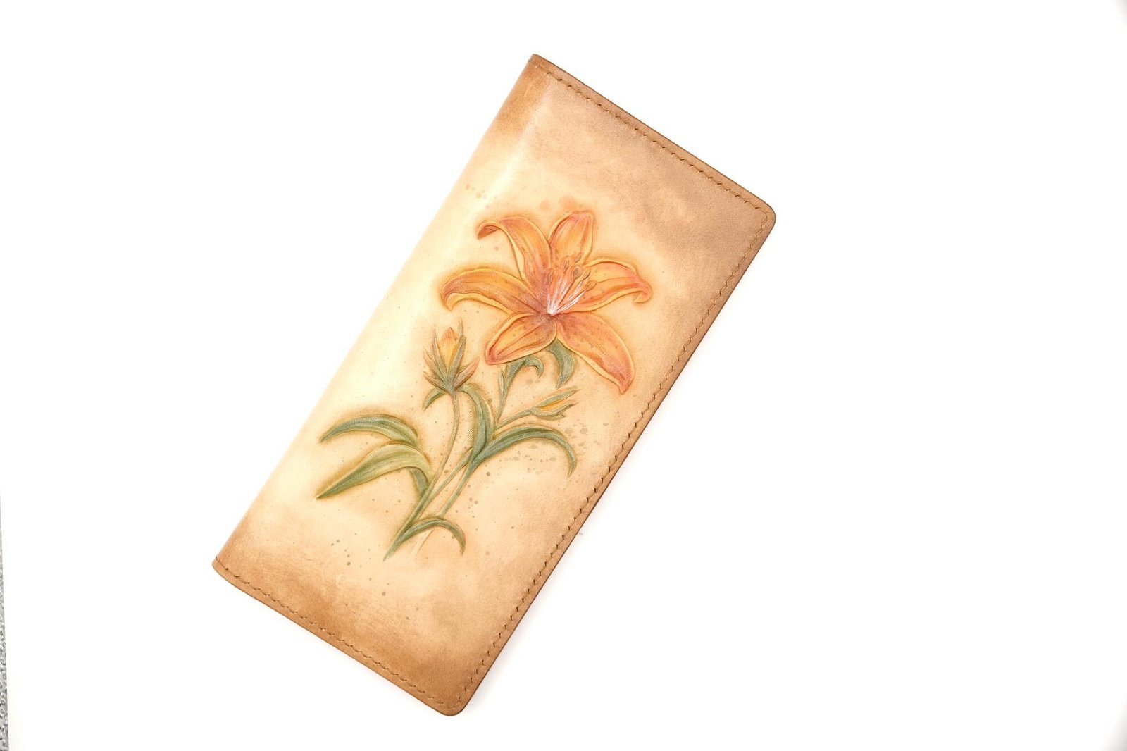 Hand-Tooled Leather Long Wallet with Orange Lily – Botanical Leather Clutch – Handmade Nature Gift for Her - Image 3