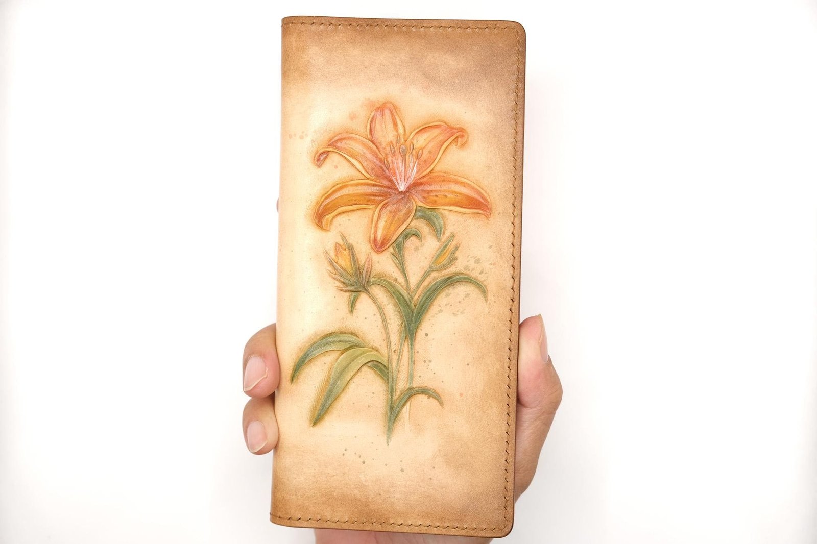 Hand-Tooled Leather Long Wallet with Orange Lily – Botanical Leather Clutch – Handmade Nature Gift for Her - Image 8