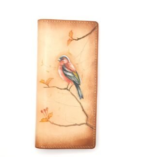 Hand-Tooled Leather Long Wallet with Bullfinch – Songbird – Hand-Carved Bird Wallet