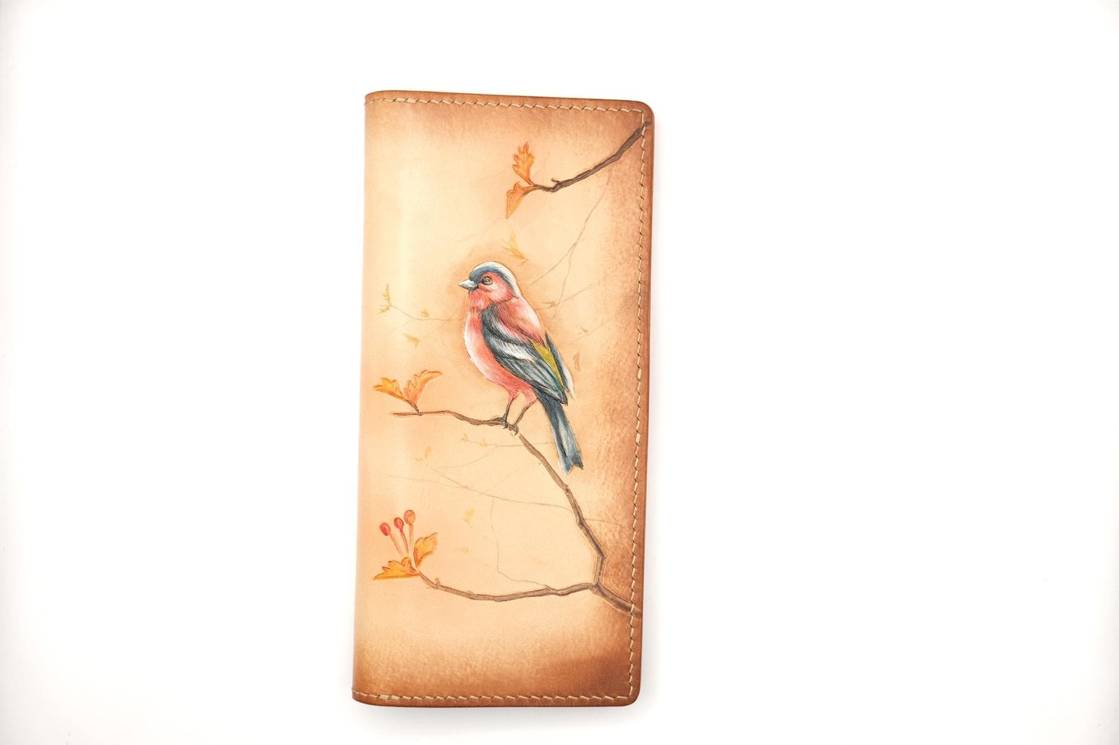 Hand-Tooled Leather Long Wallet with Bullfinch – Songbird – Hand-Carved Bird Wallet