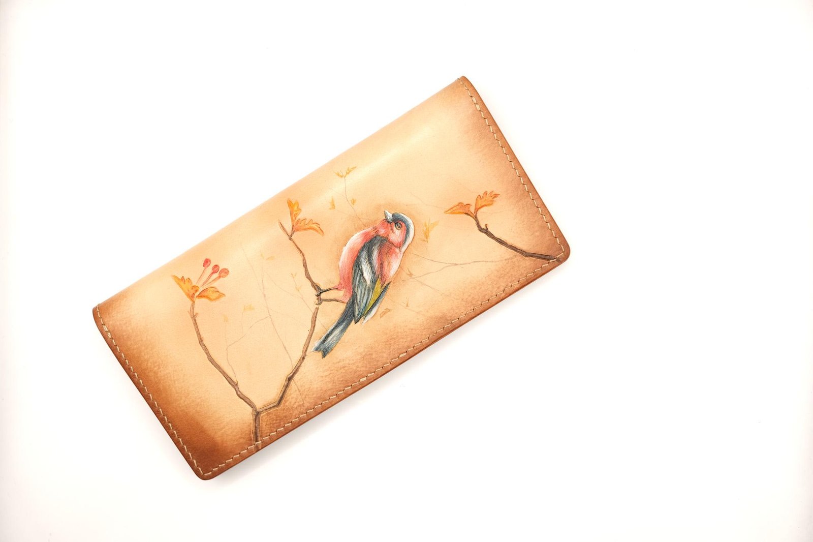 Hand-Tooled Leather Long Wallet with Bullfinch – Songbird – Hand-Carved Bird Wallet - Image 2