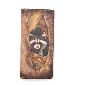 Hand-Tooled Leather Long Wallet – Raccoon Peeking Through Wood Design
