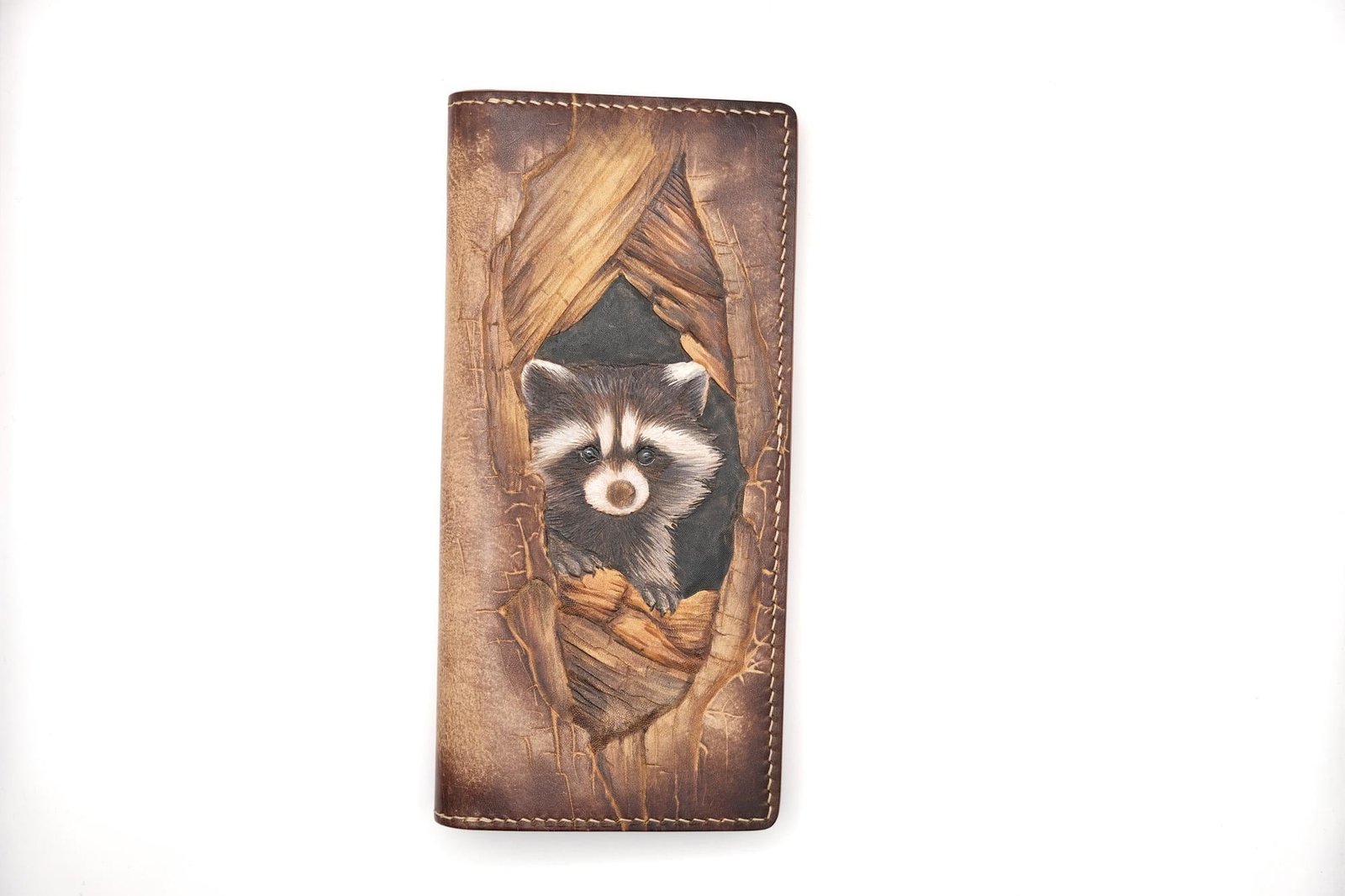 Hand-Tooled Leather Long Wallet – Raccoon Peeking Through Wood Design
