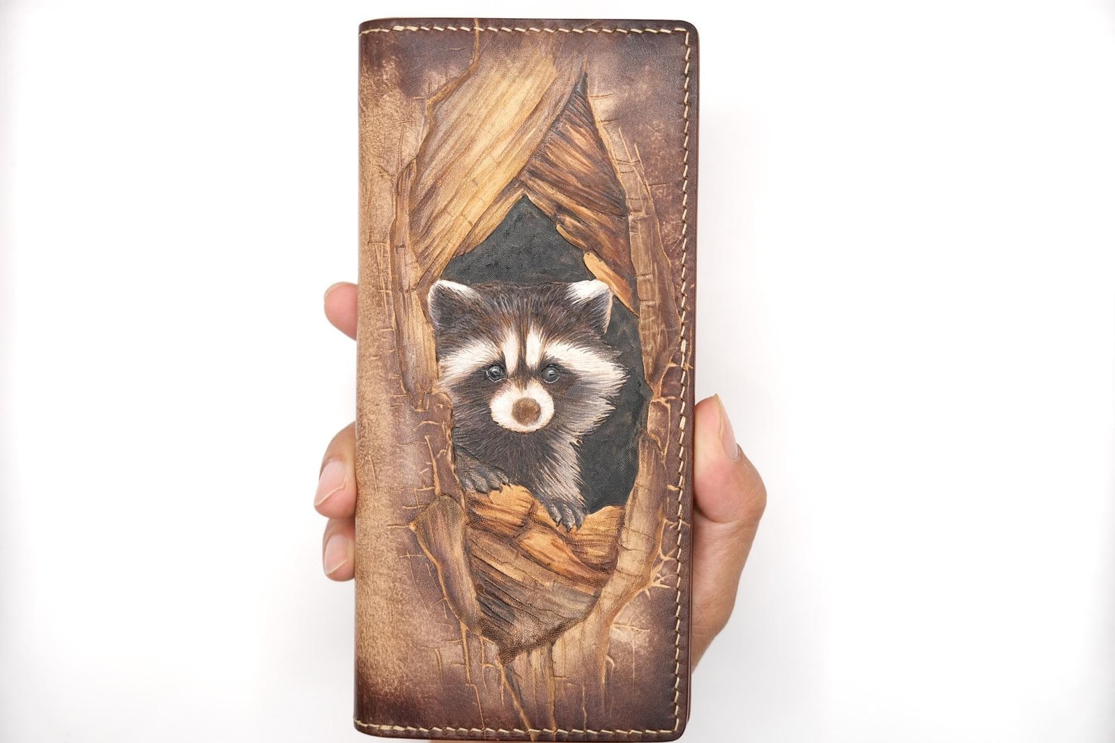 Hand-Tooled Leather Long Wallet – Raccoon Peeking Through Wood Design - Image 8