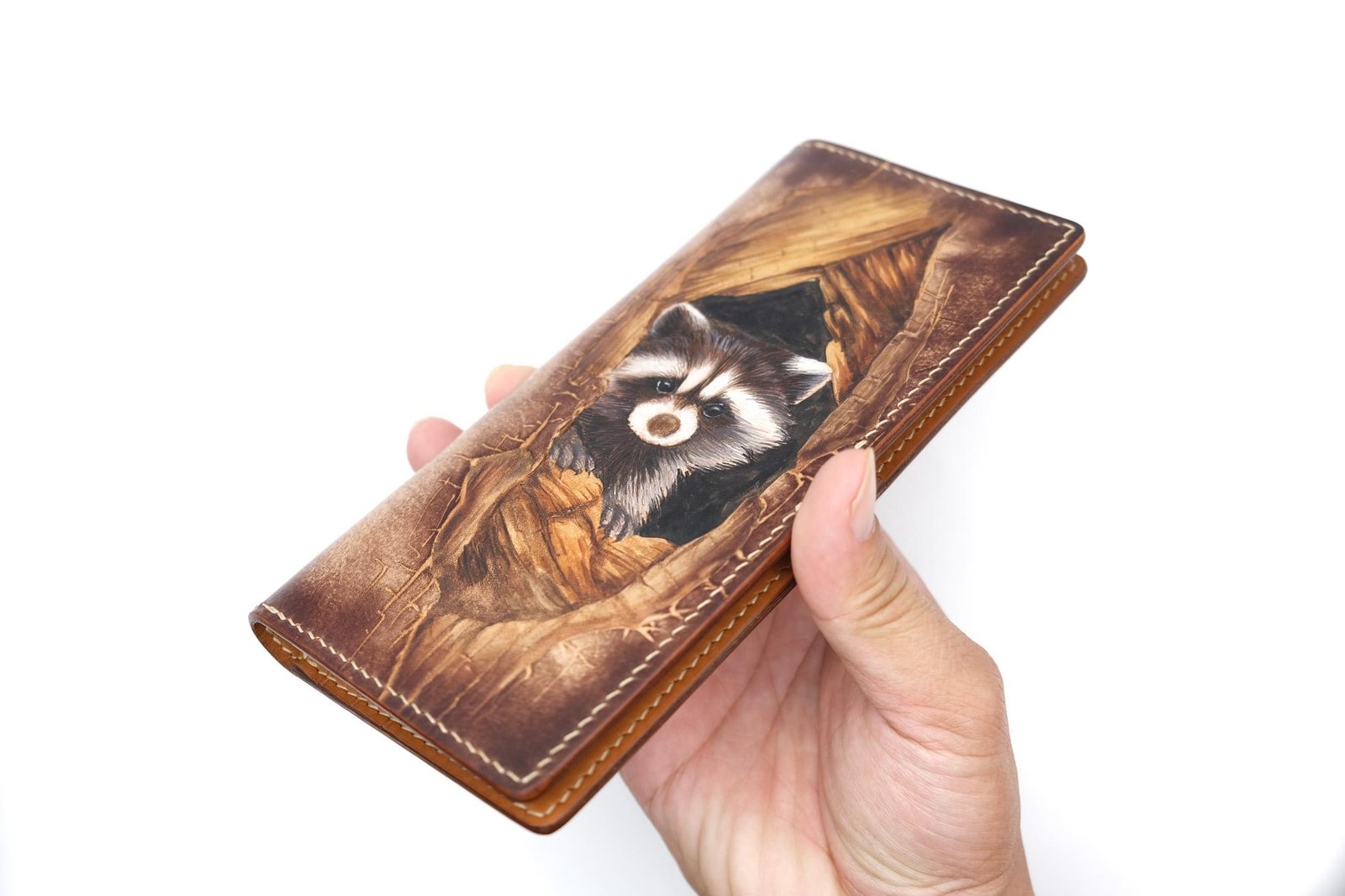 Hand-Tooled Leather Long Wallet – Raccoon Peeking Through Wood Design - Image 7