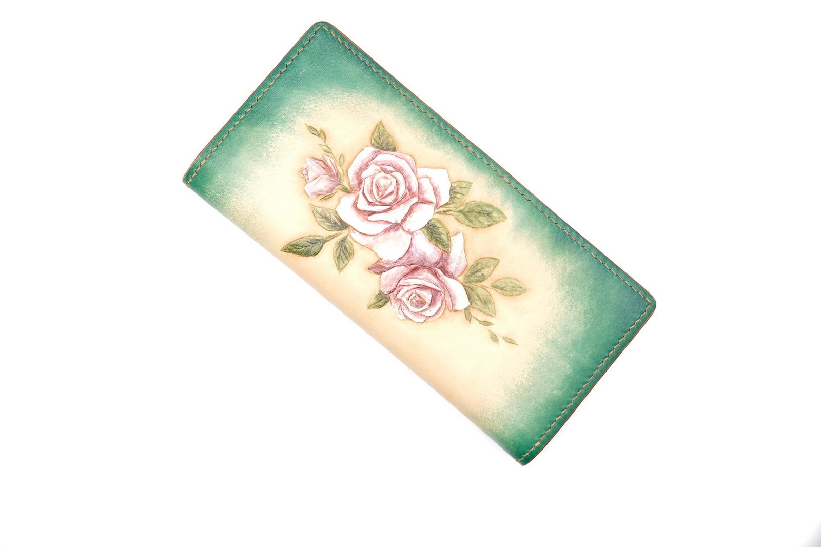 Hand-Tooled Leather Long Wallet – Blush Pink Roses with Green Ombre Background - Image 4