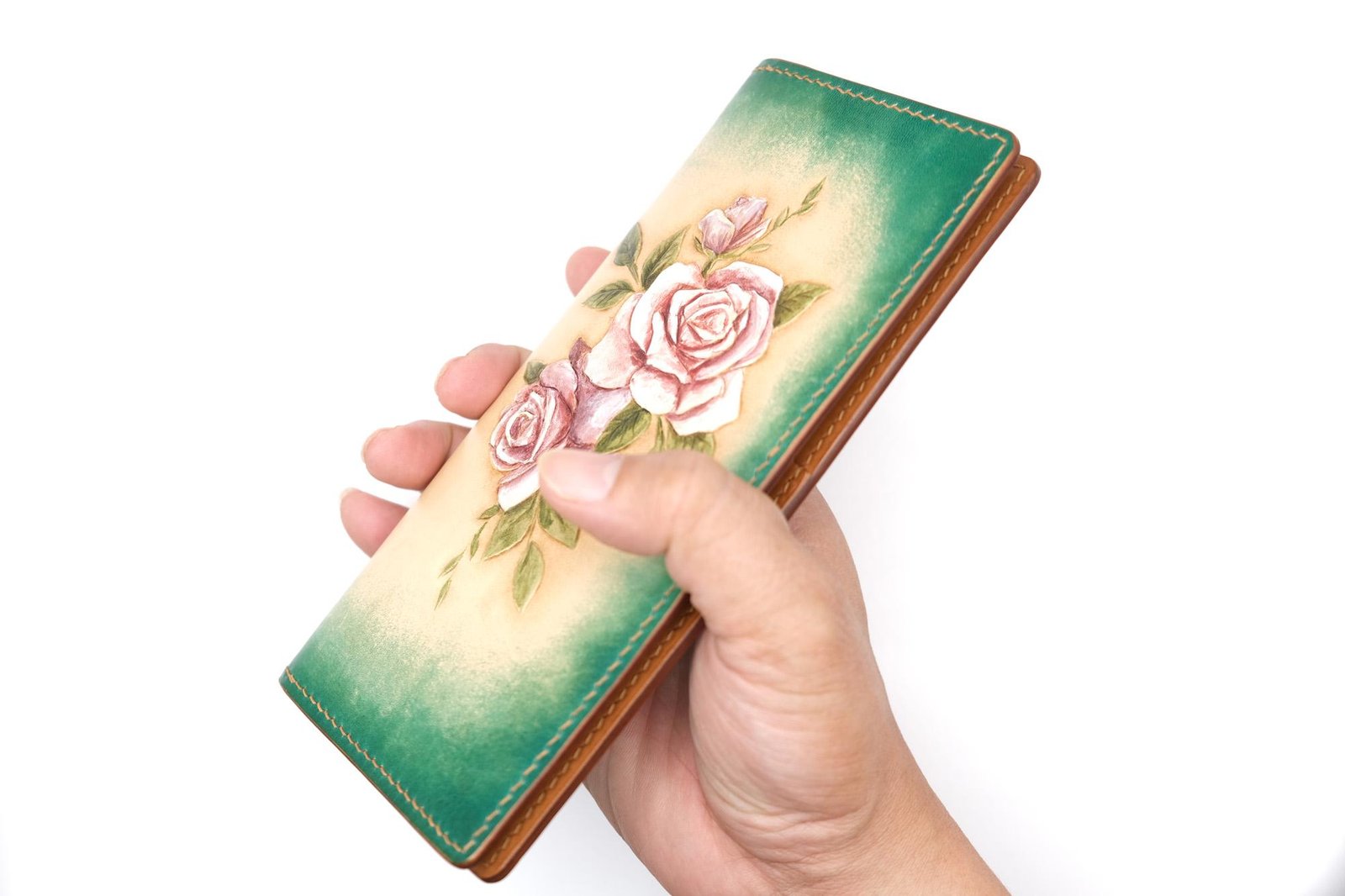 Hand-Tooled Leather Long Wallet – Blush Pink Roses with Green Ombre Background - Image 8