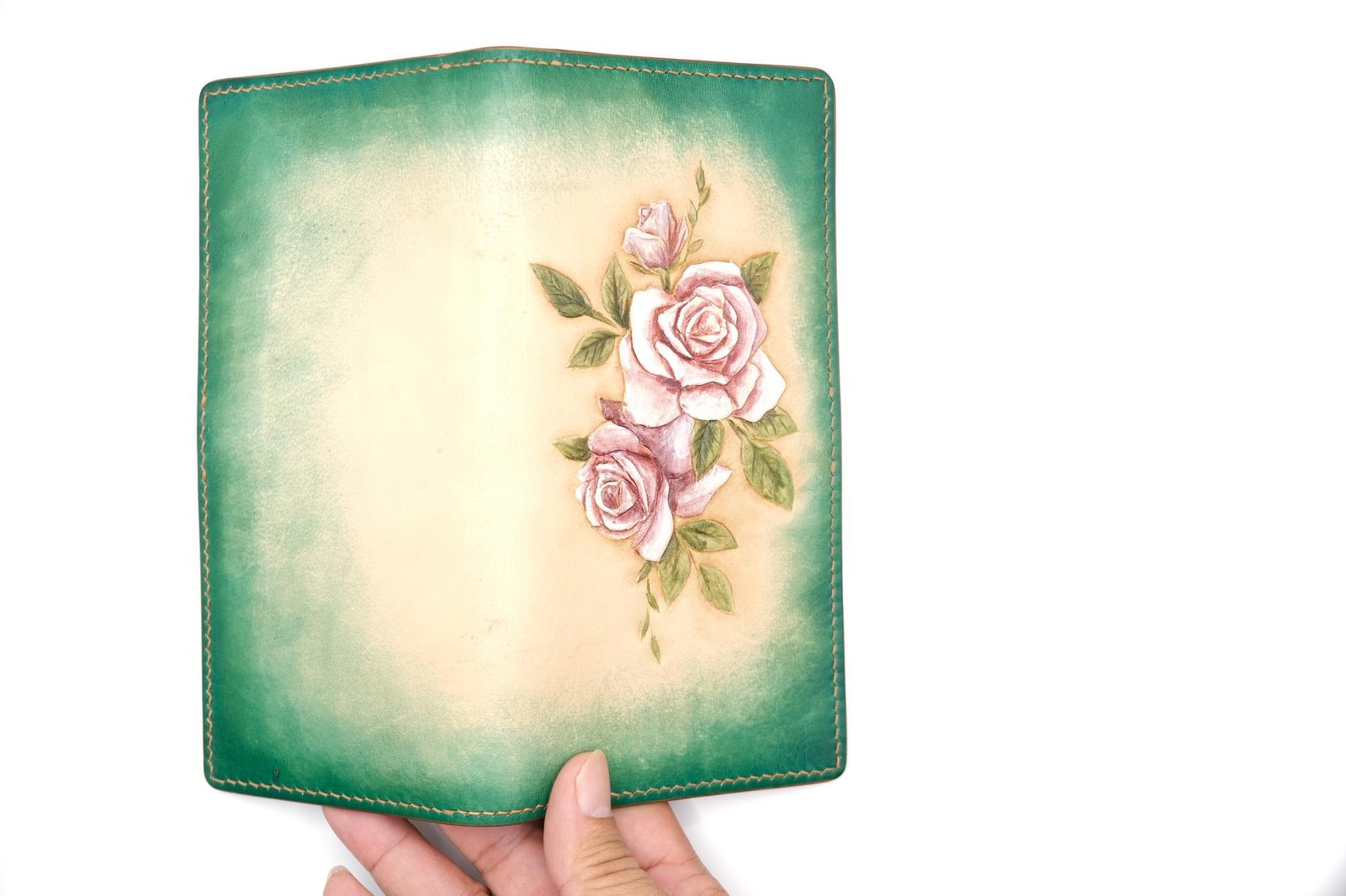Hand-Tooled Leather Long Wallet – Blush Pink Roses with Green Ombre Background - Image 9