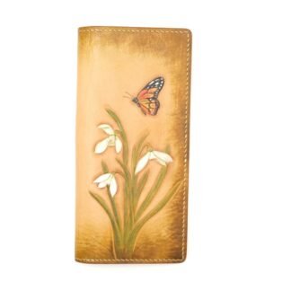 Hand-Tooled Leather Long Wallet – Snowdrop Flower & Monarch Butterfly Design