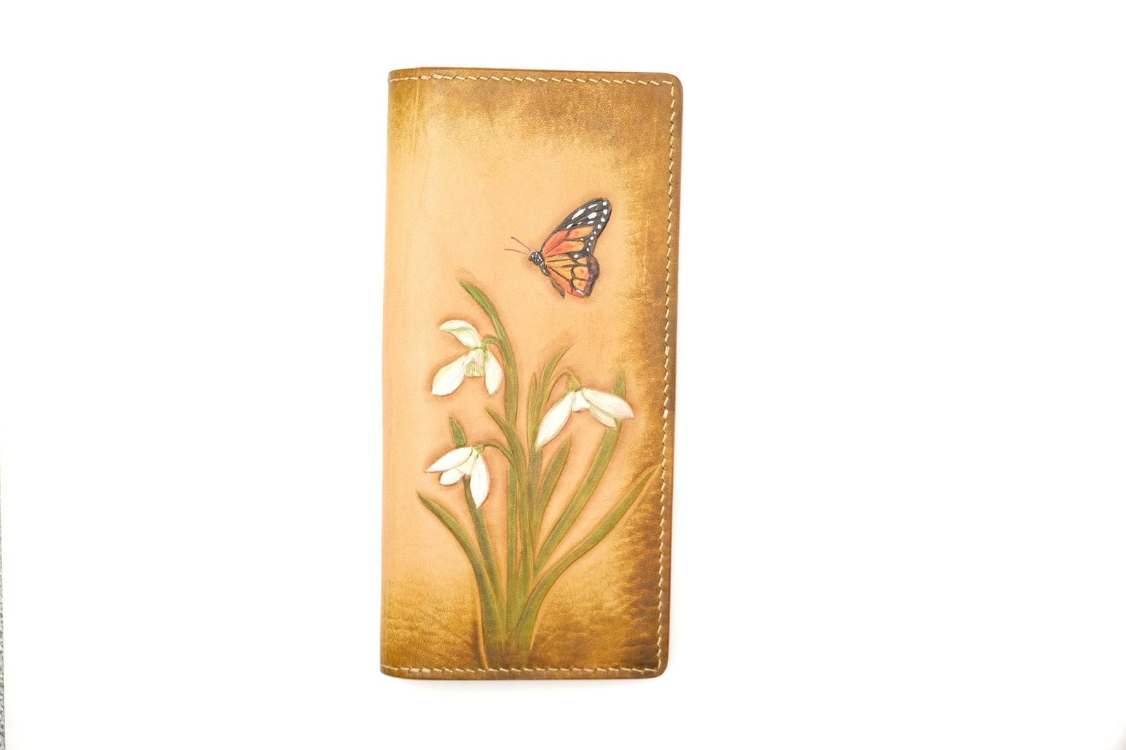 Hand-Tooled Leather Long Wallet – Snowdrop Flower & Monarch Butterfly Design