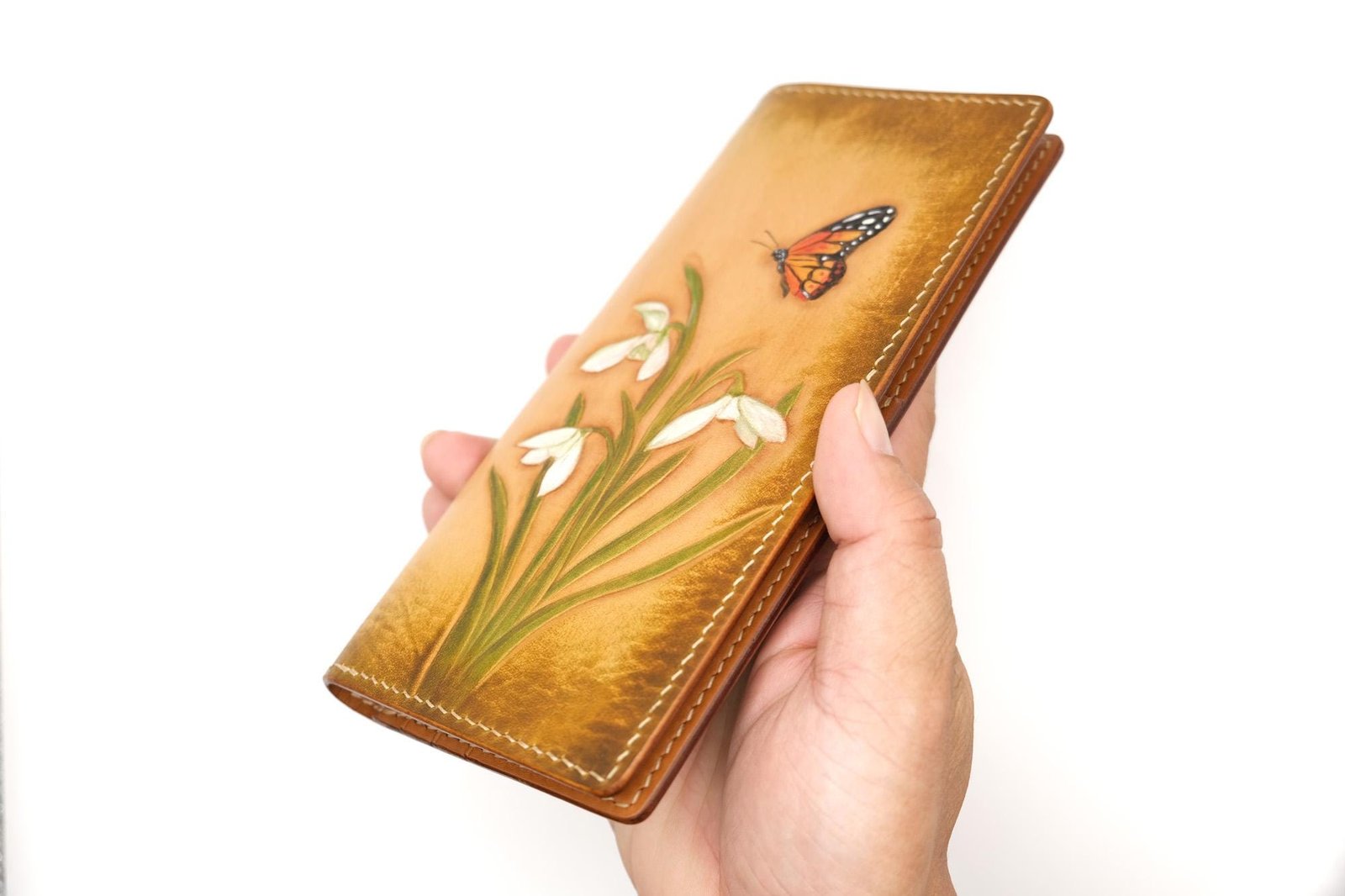 Hand-Tooled Leather Long Wallet – Snowdrop Flower & Monarch Butterfly Design - Image 5