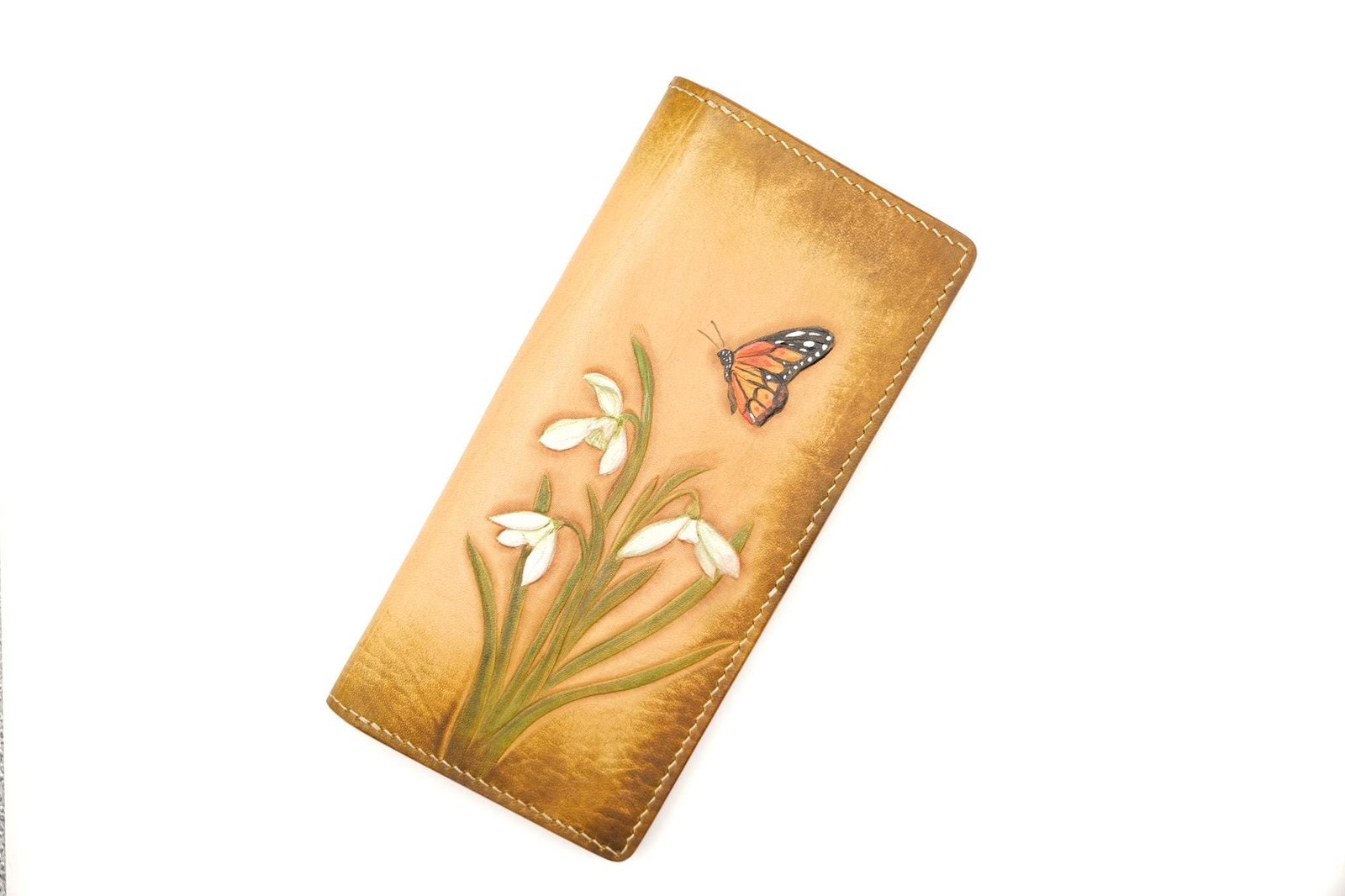 Hand-Tooled Leather Long Wallet – Snowdrop Flower & Monarch Butterfly Design - Image 2