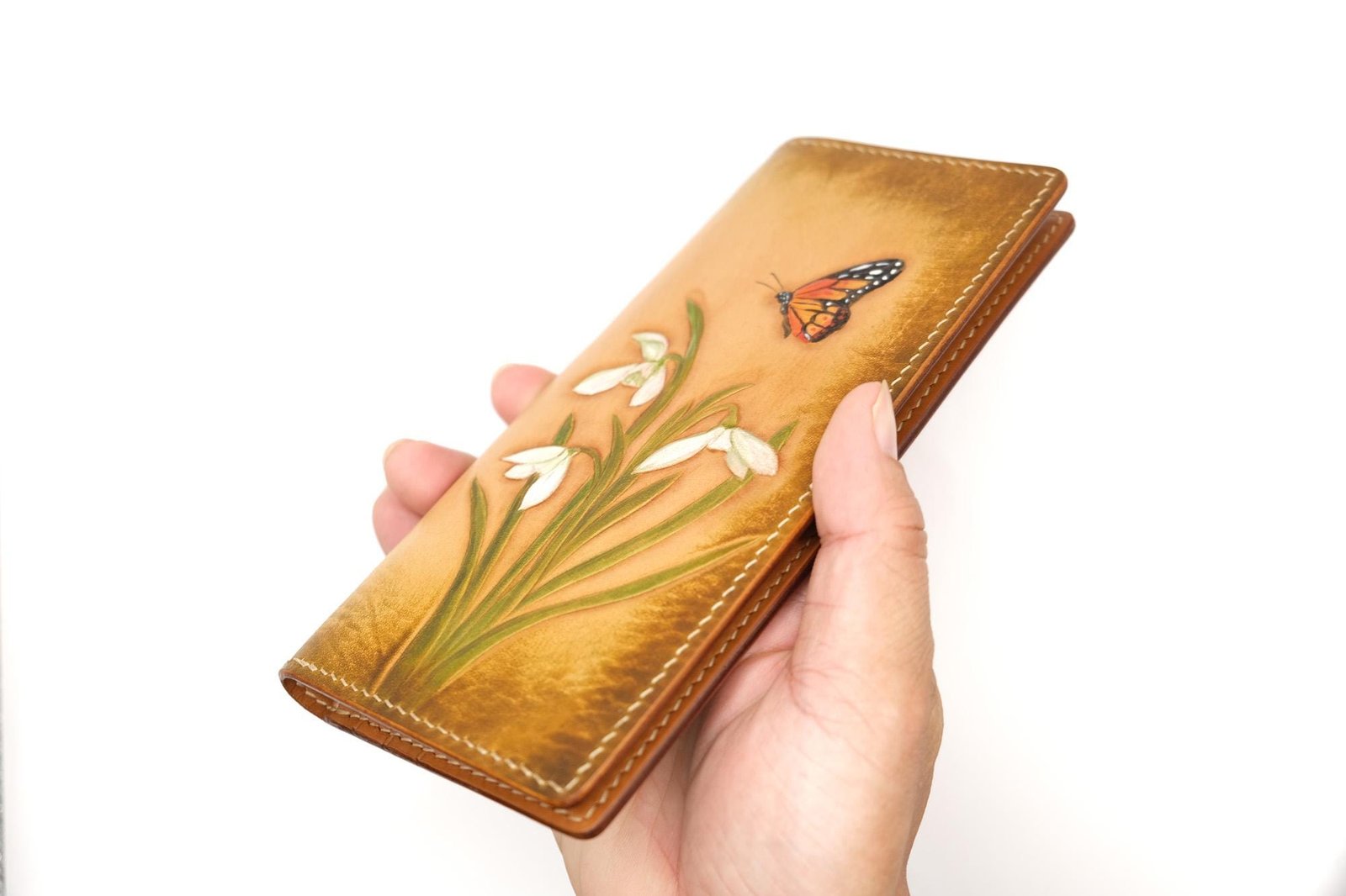 Hand-Tooled Leather Long Wallet – Snowdrop Flower & Monarch Butterfly Design - Image 7