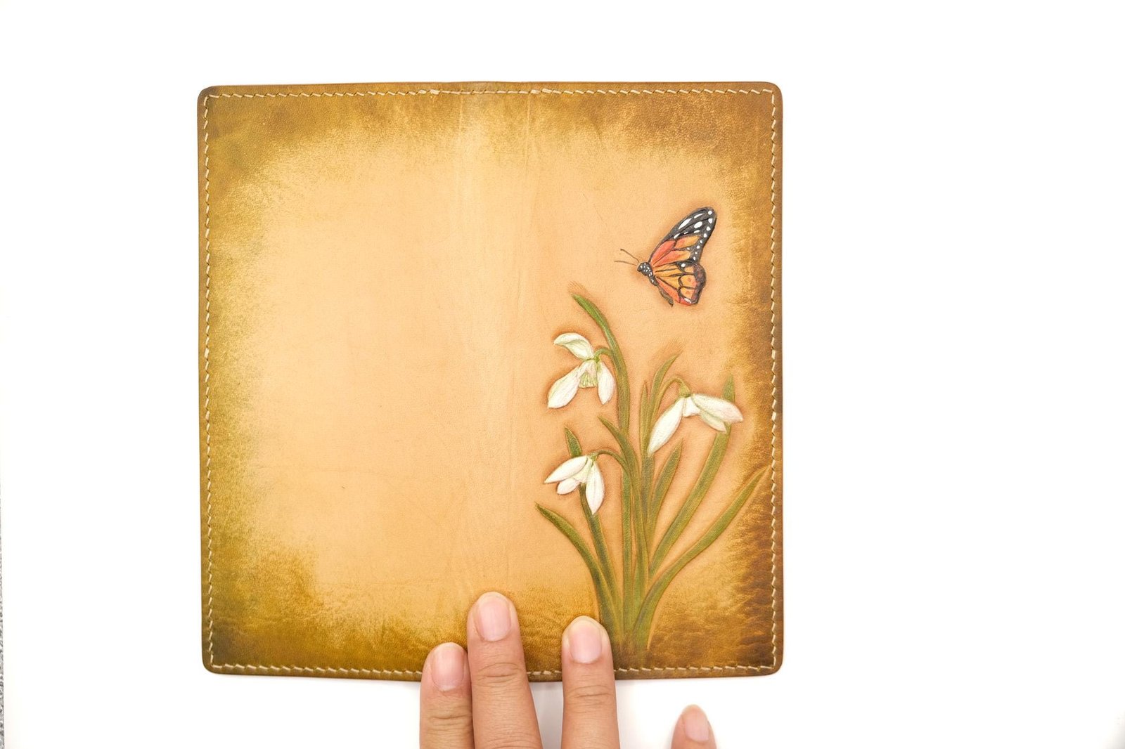 Hand-Tooled Leather Long Wallet – Snowdrop Flower & Monarch Butterfly Design - Image 8
