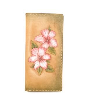 Hand-Tooled Leather Long Wallet with Pink Hibiscus Flowers – Hawaiian Gift for Her, Handmade Leather Clutch