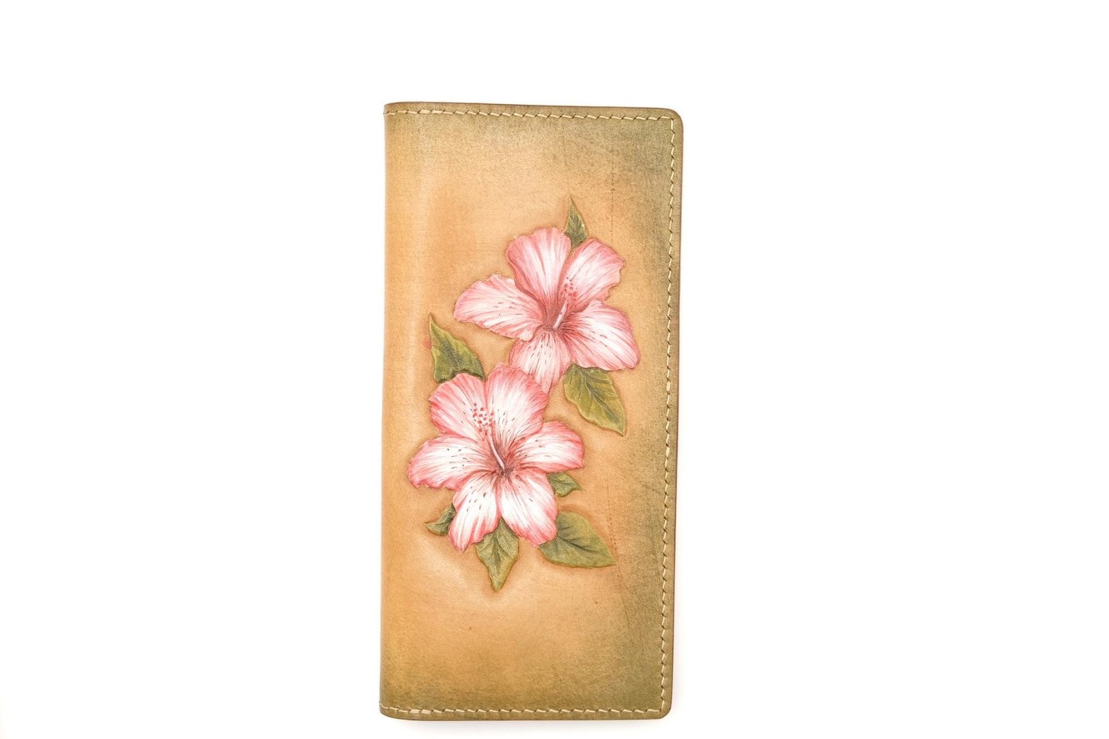 Hand-Tooled Leather Long Wallet with Pink Hibiscus Flowers – Hawaiian Gift for Her, Handmade Leather Clutch