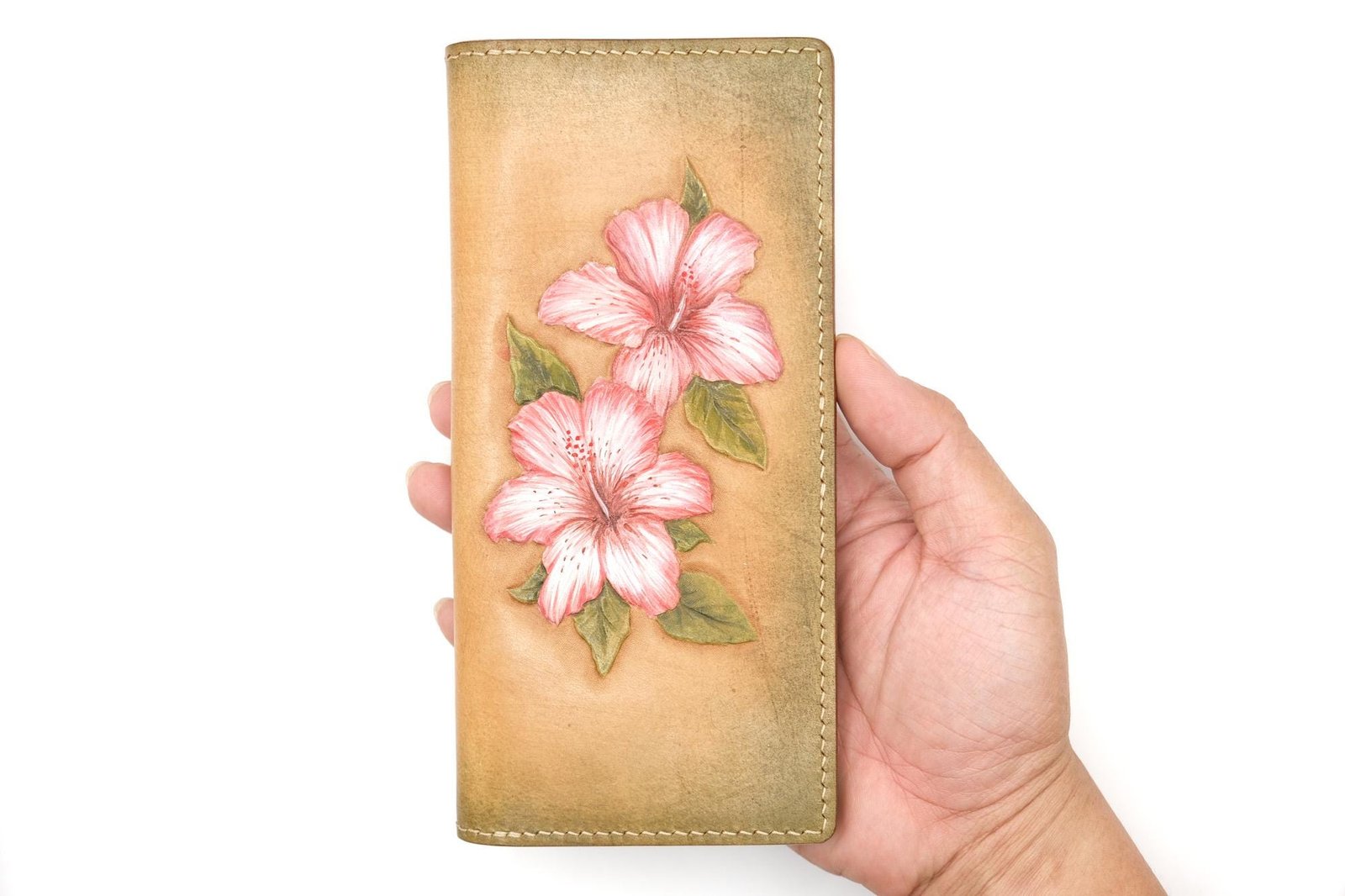 Hand-Tooled Leather Long Wallet with Pink Hibiscus Flowers – Hawaiian Gift for Her, Handmade Leather Clutch - Image 5