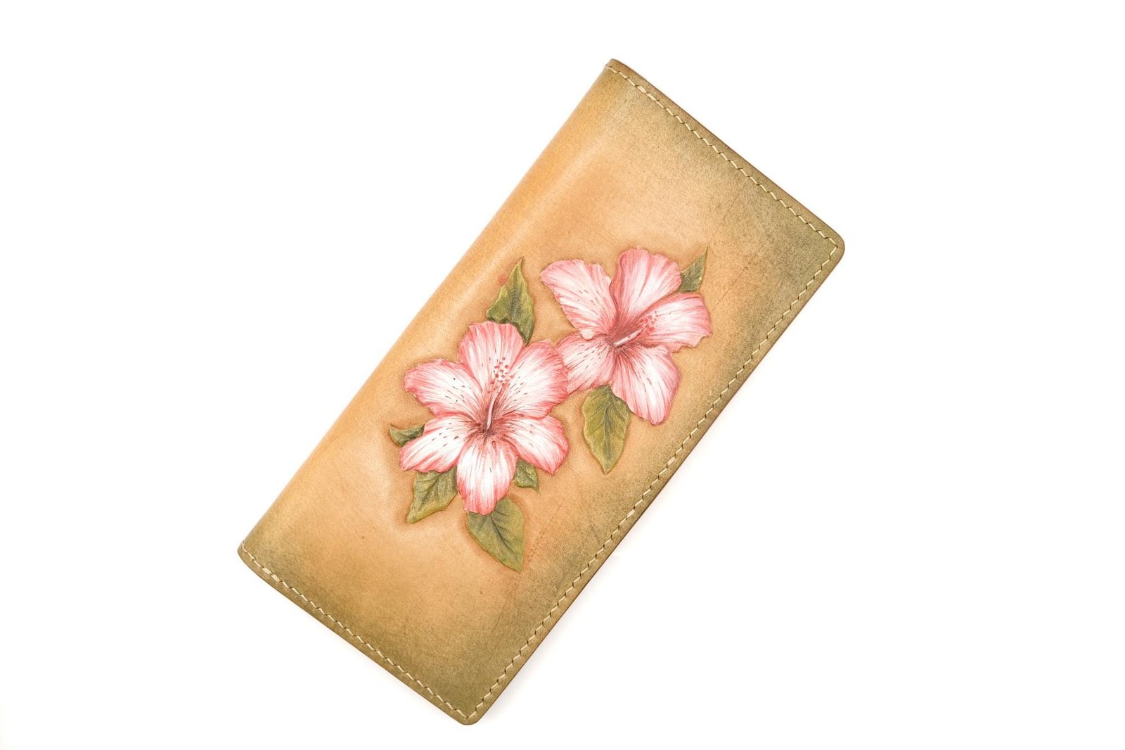 Hand-Tooled Leather Long Wallet with Pink Hibiscus Flowers – Hawaiian Gift for Her, Handmade Leather Clutch - Image 2
