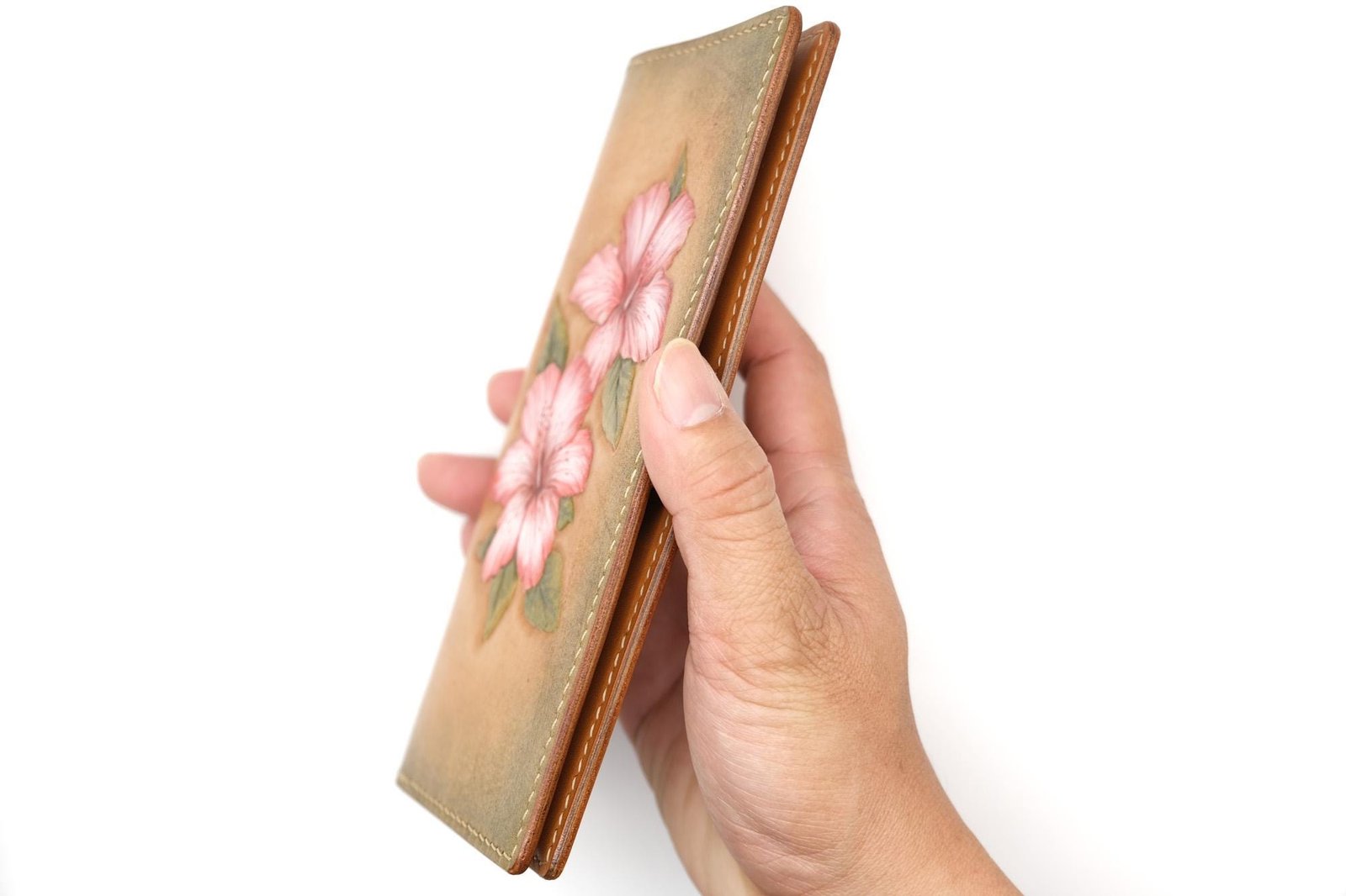 Hand-Tooled Leather Long Wallet with Pink Hibiscus Flowers – Hawaiian Gift for Her, Handmade Leather Clutch - Image 7