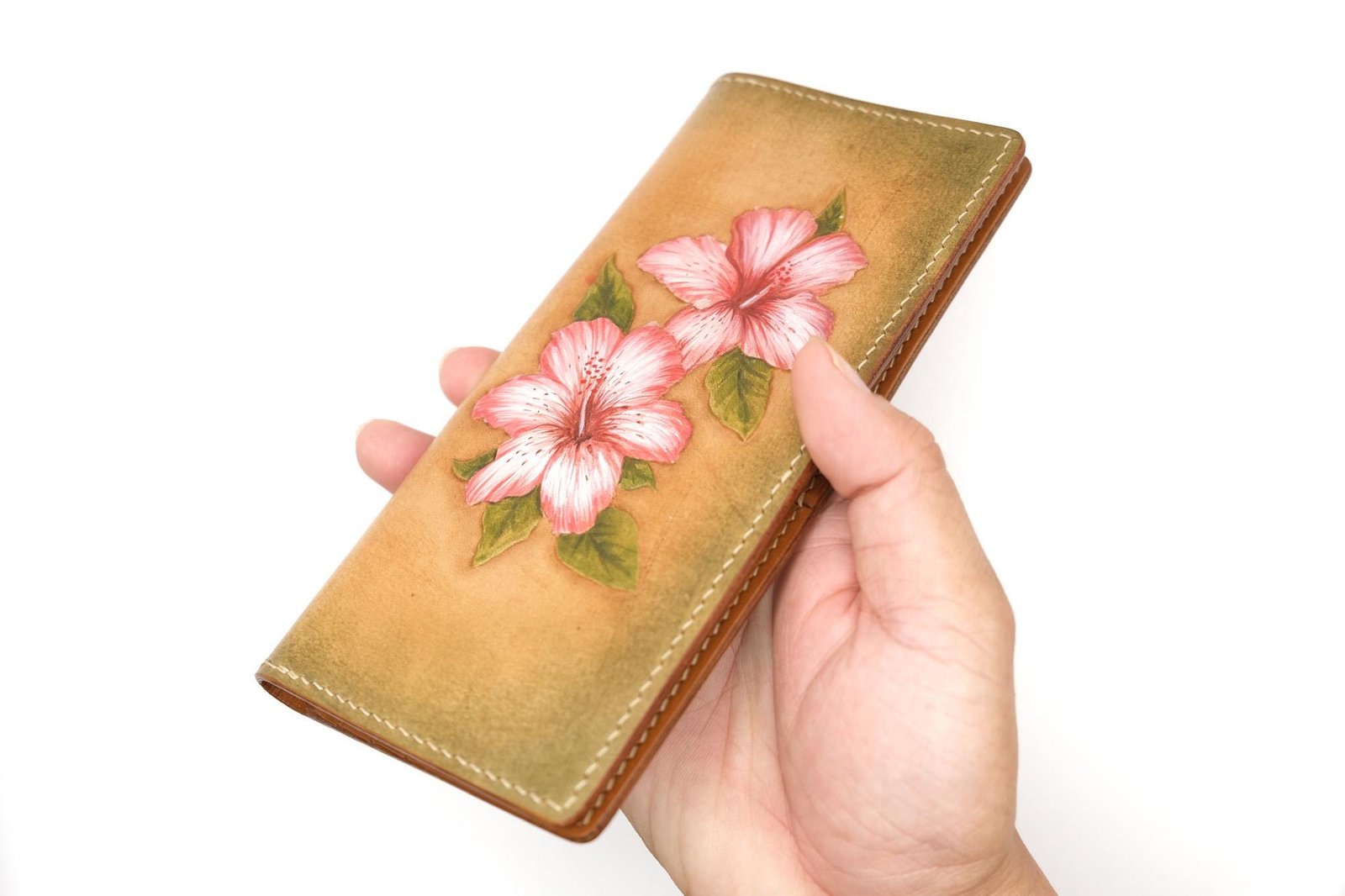 Hand-Tooled Leather Long Wallet with Pink Hibiscus Flowers – Hawaiian Gift for Her, Handmade Leather Clutch - Image 6