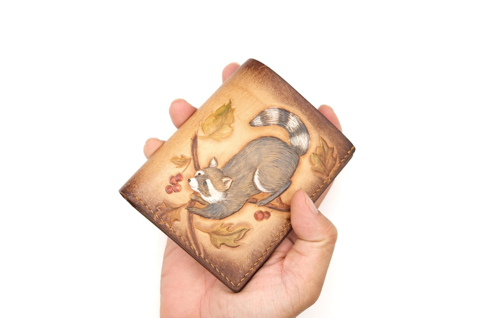 Bifold Leather Wallet with Hand-Carved Raccoon – Handmade Leather Wallet – Nature Lover Gift - Image 6