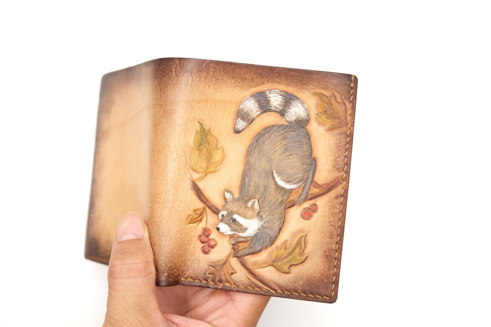 Bifold Leather Wallet with Hand-Carved Raccoon – Handmade Leather Wallet – Nature Lover Gift - Image 9