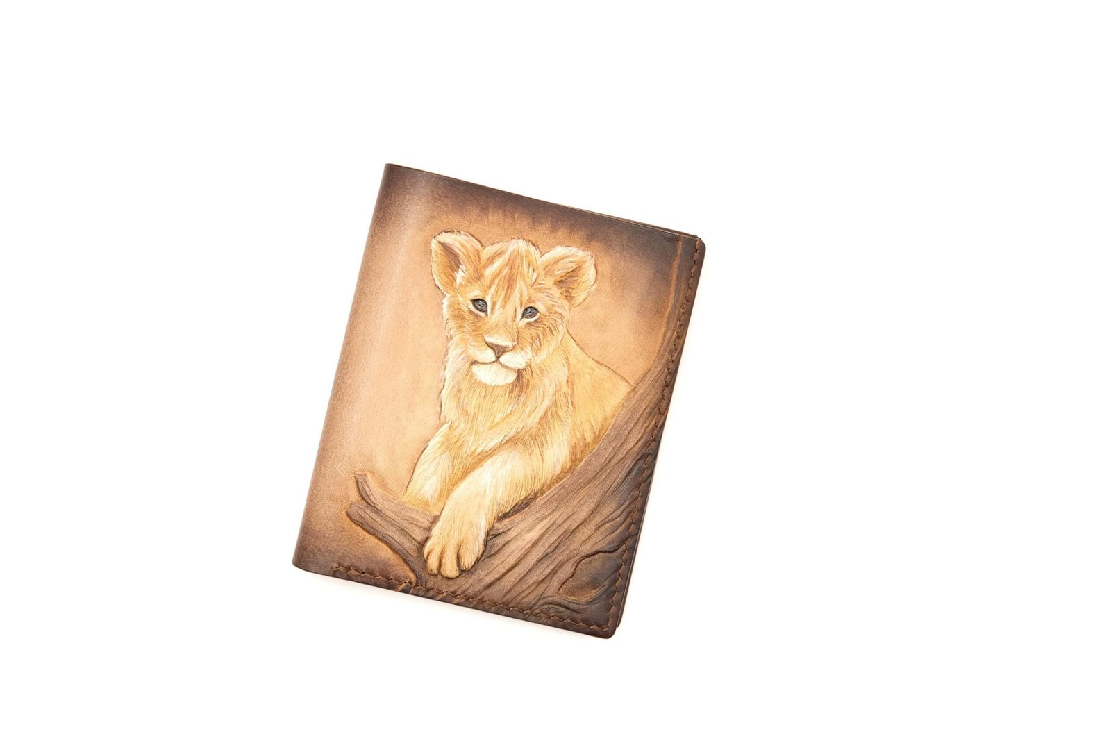 Hand-Carved Leather Tall Bifold Wallet with Lion Cub – Handmade Lion Lover Gift - Image 3