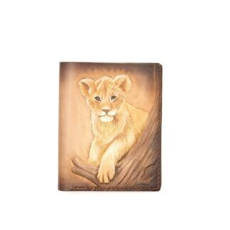 Hand-Carved Leather Tall Bifold Wallet with Lion Cub – Handmade Lion Lover Gift