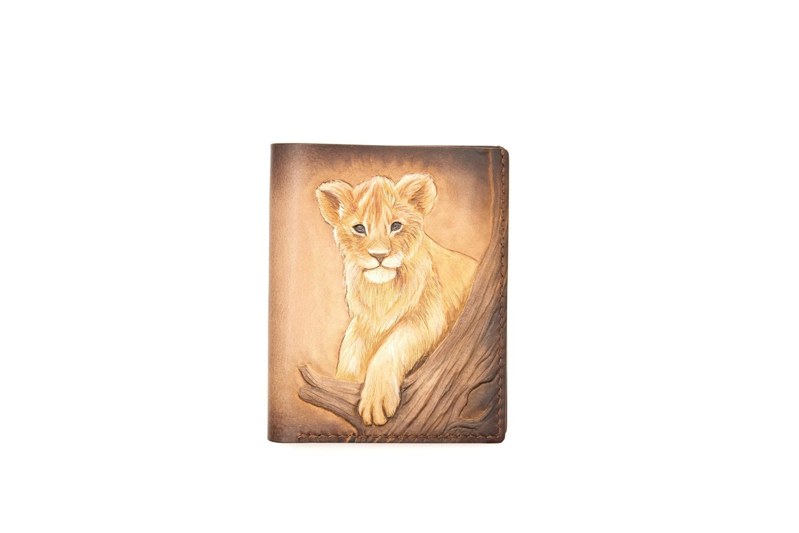 Hand-Carved Leather Tall Bifold Wallet with Lion Cub – Handmade Lion Lover Gift