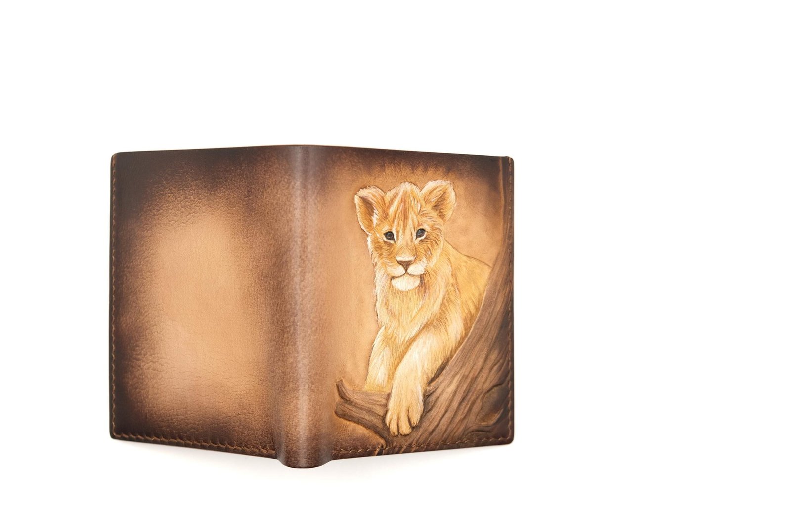 Hand-Carved Leather Tall Bifold Wallet with Lion Cub – Handmade Lion Lover Gift - Image 6
