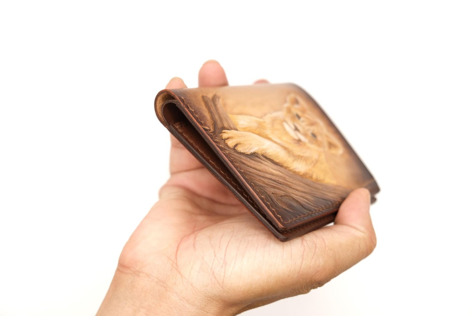 Hand-Carved Leather Tall Bifold Wallet with Lion Cub – Handmade Lion Lover Gift - Image 8