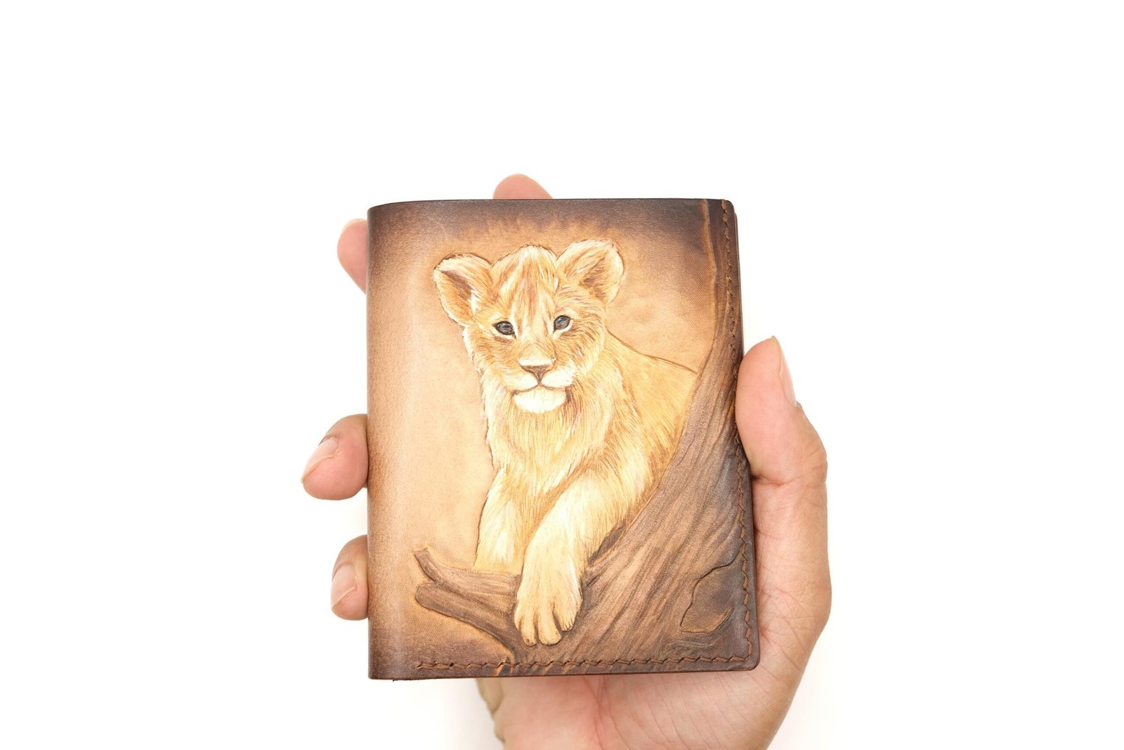 Hand-Carved Leather Tall Bifold Wallet with Lion Cub – Handmade Lion Lover Gift - Image 7