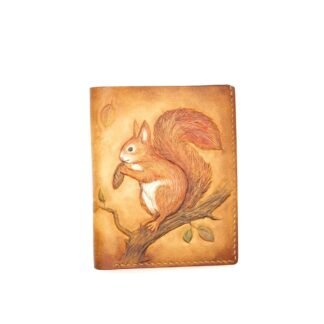 Tall Bifold Leather Wallet with Hand-Carved Squirrel Design