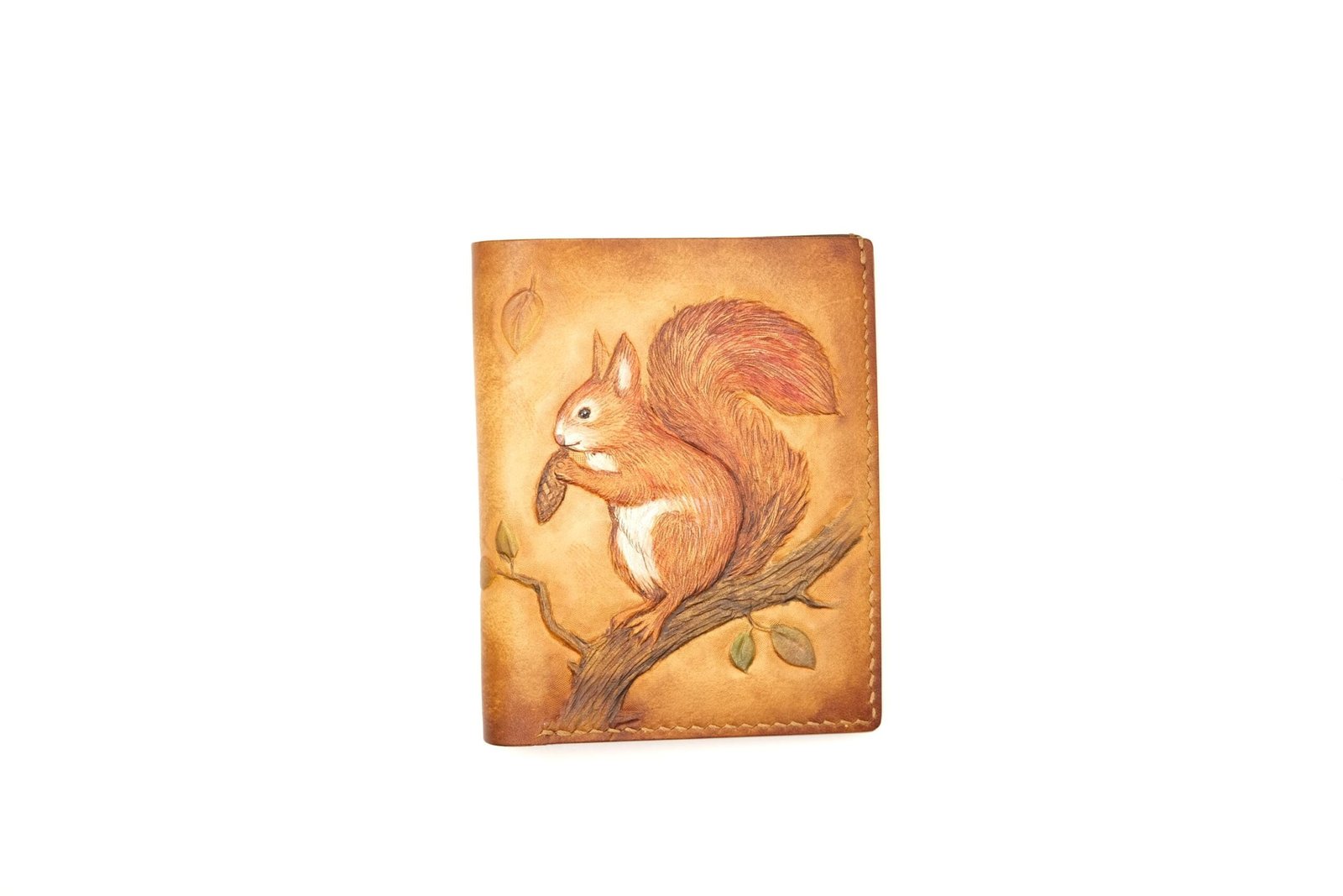 Tall Bifold Leather Wallet with Hand-Carved Squirrel Design