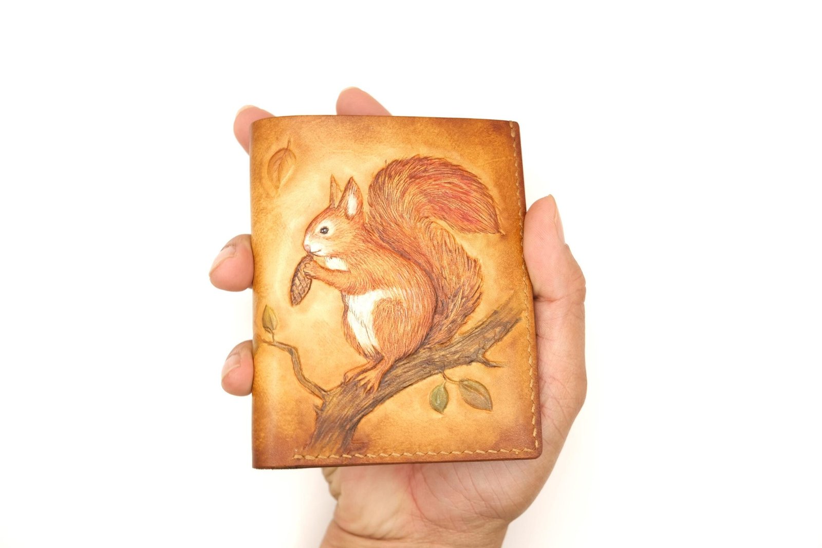Tall Bifold Leather Wallet with Hand-Carved Squirrel Design - Image 5