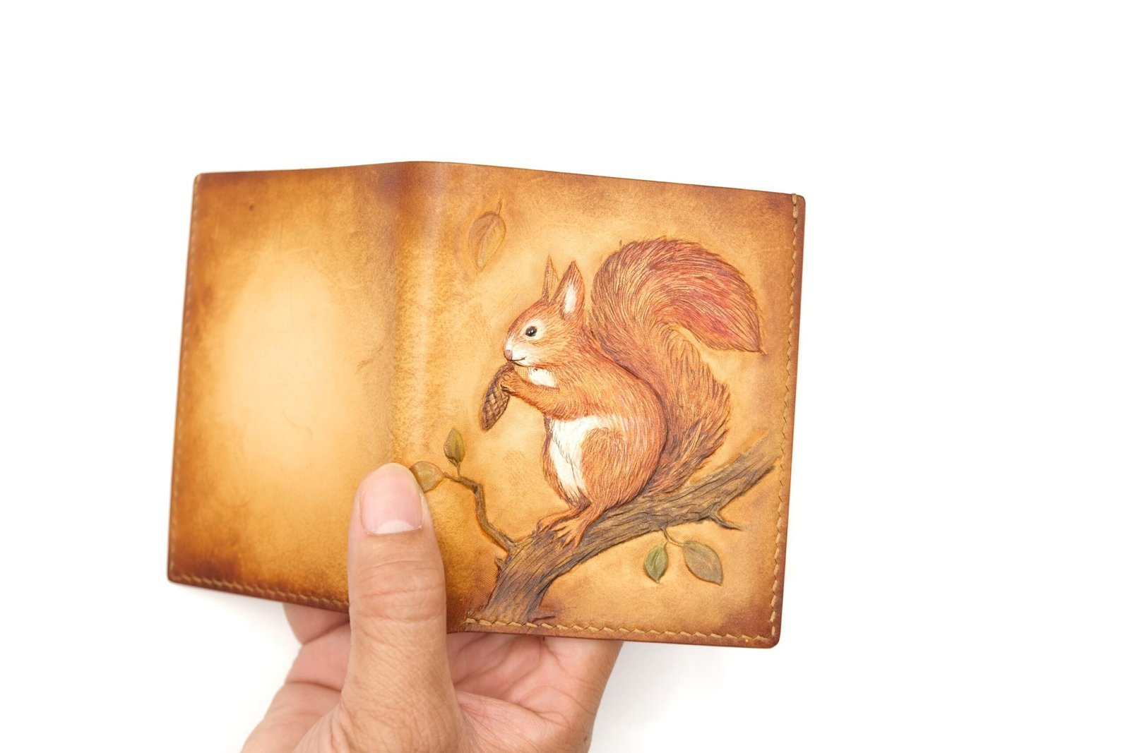 Tall Bifold Leather Wallet with Hand-Carved Squirrel Design - Image 9