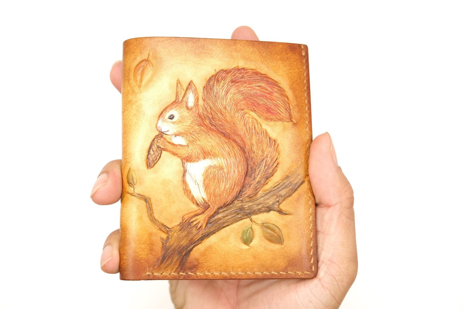 Tall Bifold Leather Wallet with Hand-Carved Squirrel Design - Image 10